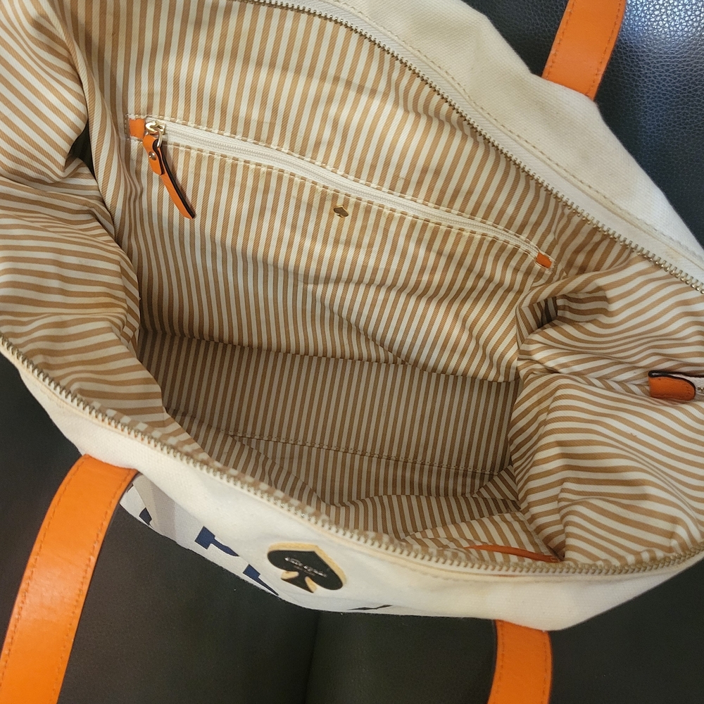 Kate Spade Tan and Green Tote with Orange Handles - Picture 2 of 5